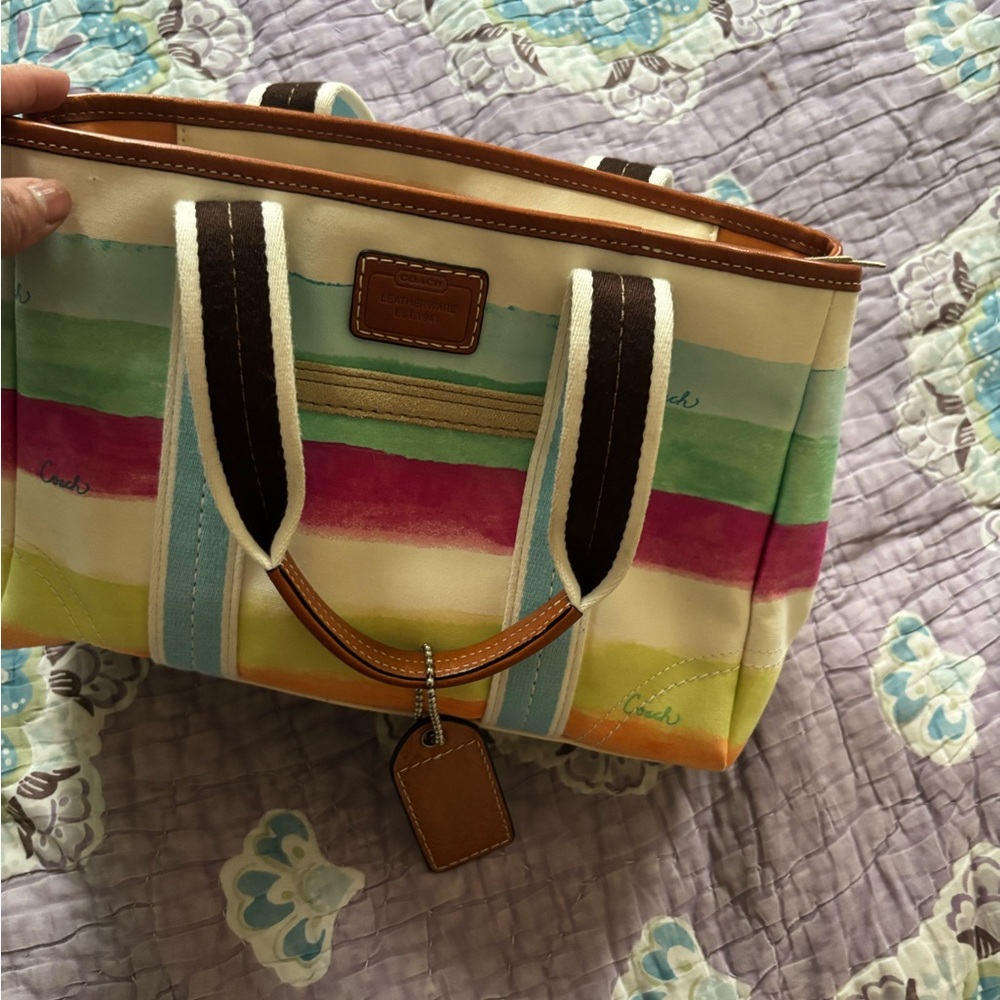 Coach Multicolor Striped Canvas Tote with Leather Trim